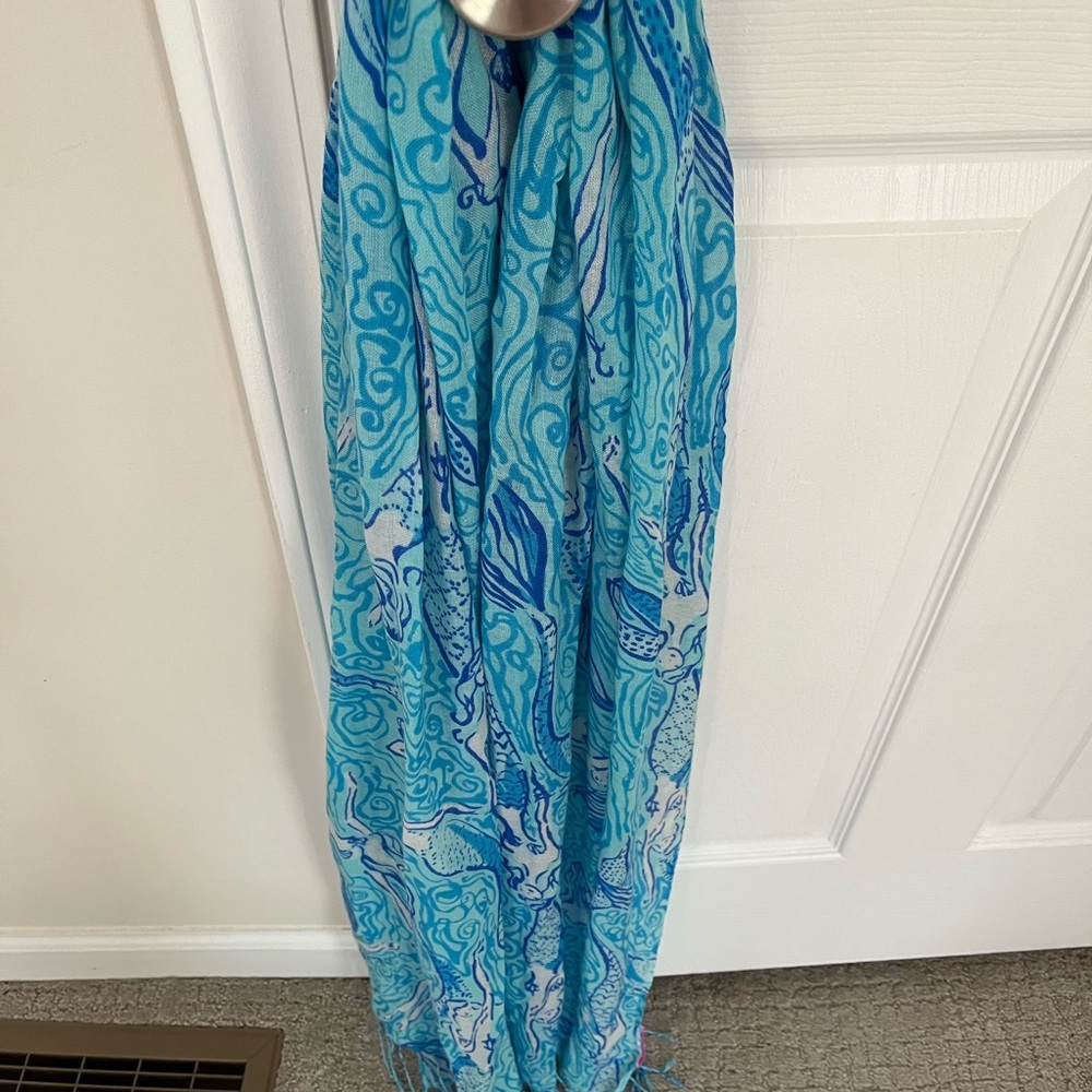 Lilly Pulitzer Blue Teal Swirl Silk-Cashmere Scarf - Picture 12 of 15